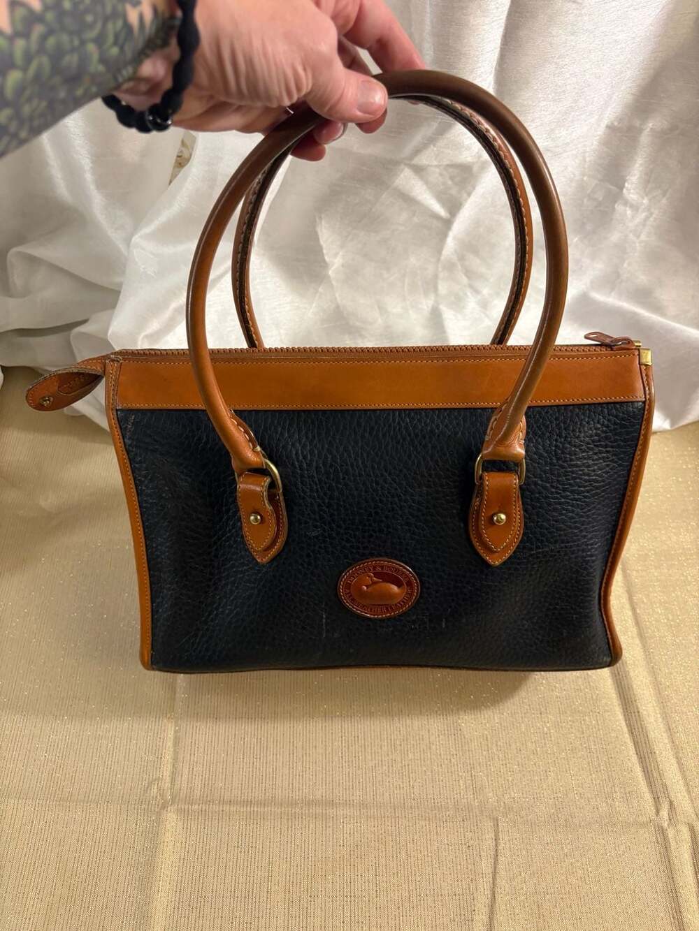 Vintage Dooney & Bourke All Weather Leather East West Satchel Navy Blue and Tan